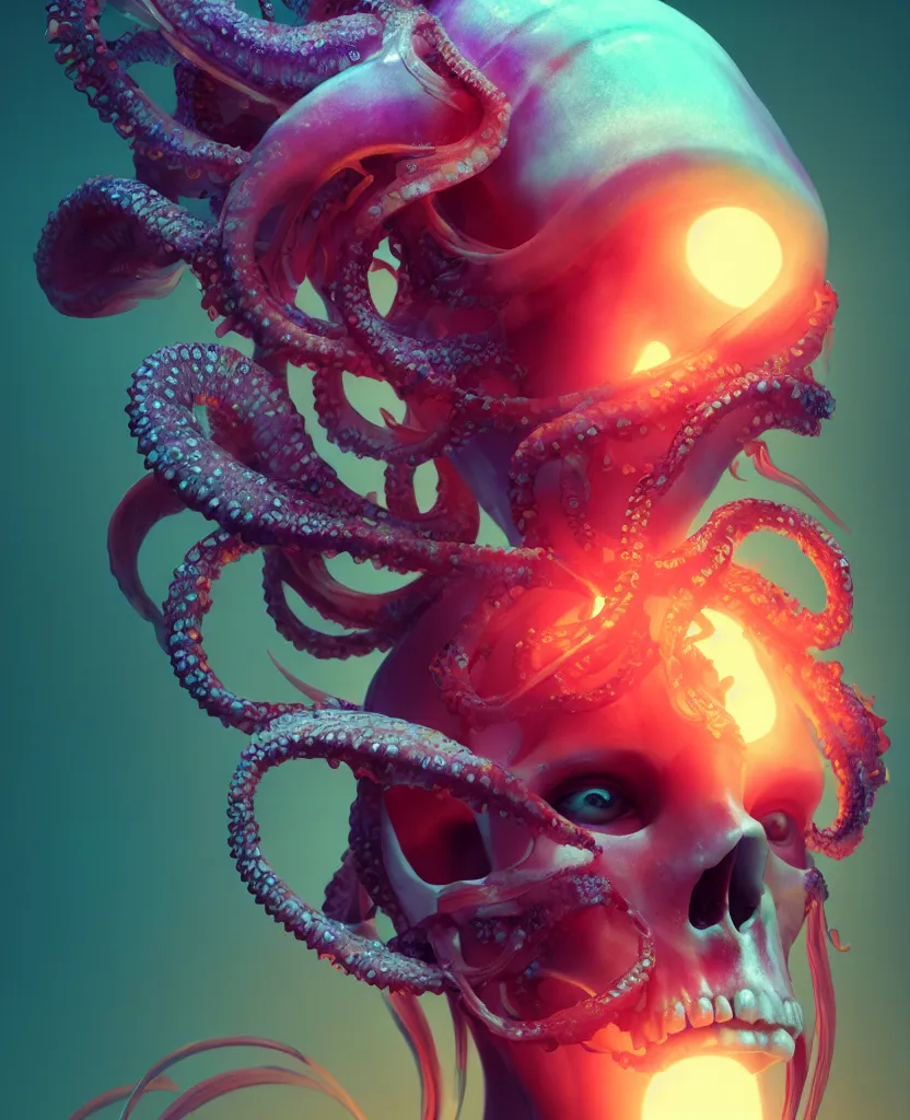 Image similar to goddess close - up portrait human skull, ram skull, squid phoenix jellyfish, orchid, betta fish, bioluminiscent, intricate artwork by tooth wu and wlop and beeple. octane render, trending on artstation, greg rutkowski very coherent symmetrical artwork. cinematic, hyper realism, high detail, octane render, 8 k