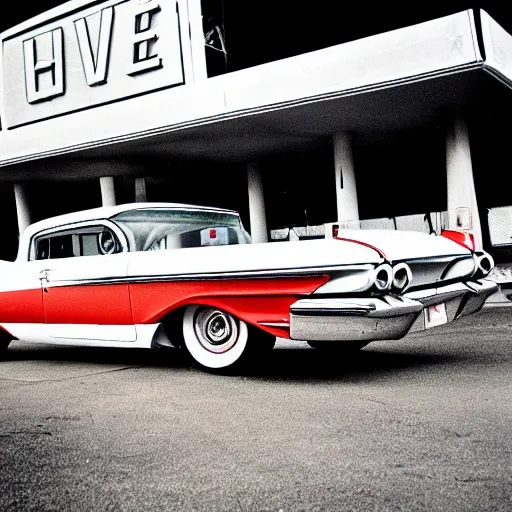 Image similar to 3 5 mm film photo of a white 1 9 6 0 s chevy impala with a red interior outside an old gas station