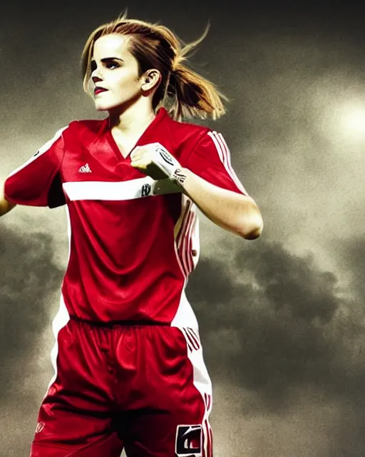 Image similar to a portrait of emma watson as a lokomotiv football player, hyper realistic