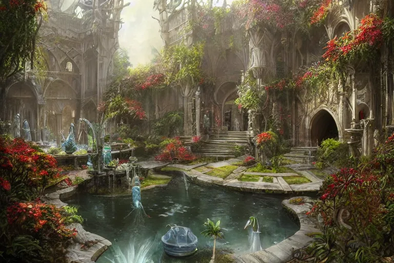 Prompt: extreme low angle shot of an open courtyard in a beautiful elven city made of ivory and silver, intricate, vivid colors, lush trees, flowers, ponds, fountain, subsurface scattering, volumetric lighting, concept art, fantasy digital painting by James Gurney, by Greg Rutkowski, trending on Artstation, highly detailed, 8k