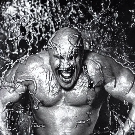 Image similar to 1 9 9 0's wwe publicity photo, a giant muscular man covered in wet reflective slime crawling halfway out of a giant slimy wet cocoon, screaming in agony, inside a secret occult dark evil lab, candles and pentagrams, ultra - detailed, photorealistic