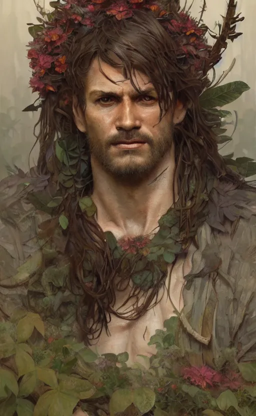 Image similar to god of the forest, 3 0 years old, rugged, male, gorgeous, detailed face, amazing, full body, flowers, muscular, intricate, highly detailed, digital painting, artstation, concept art, sharp focus, illustration, art by greg rutkowski and alphonse mucha