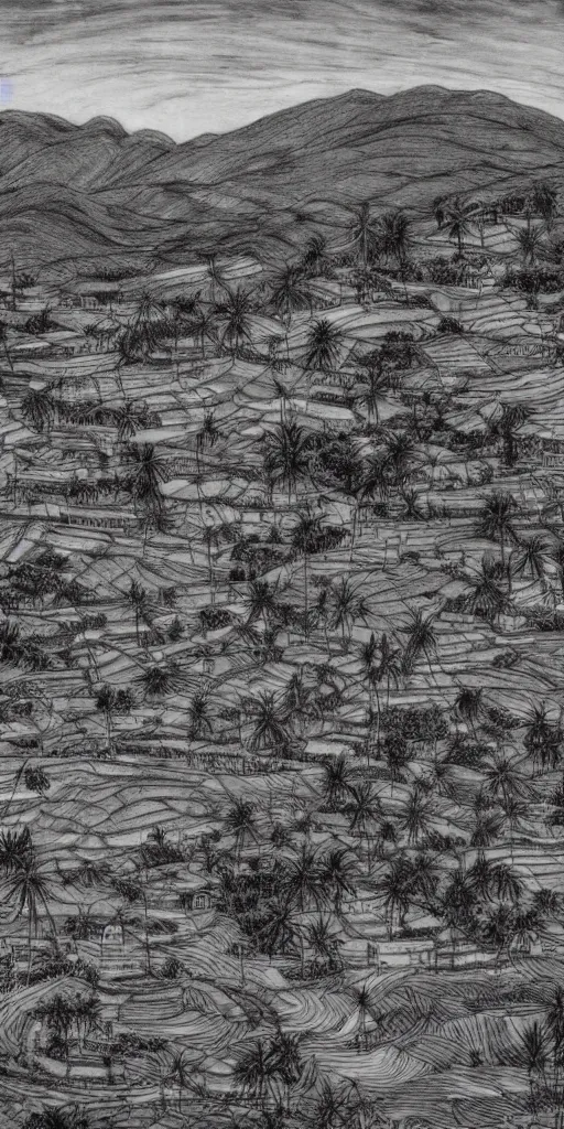 Prompt: quindio landscape at night with wax palms and small typical houses, drawed by kentaro miura, 4 k, hq scan, black & white