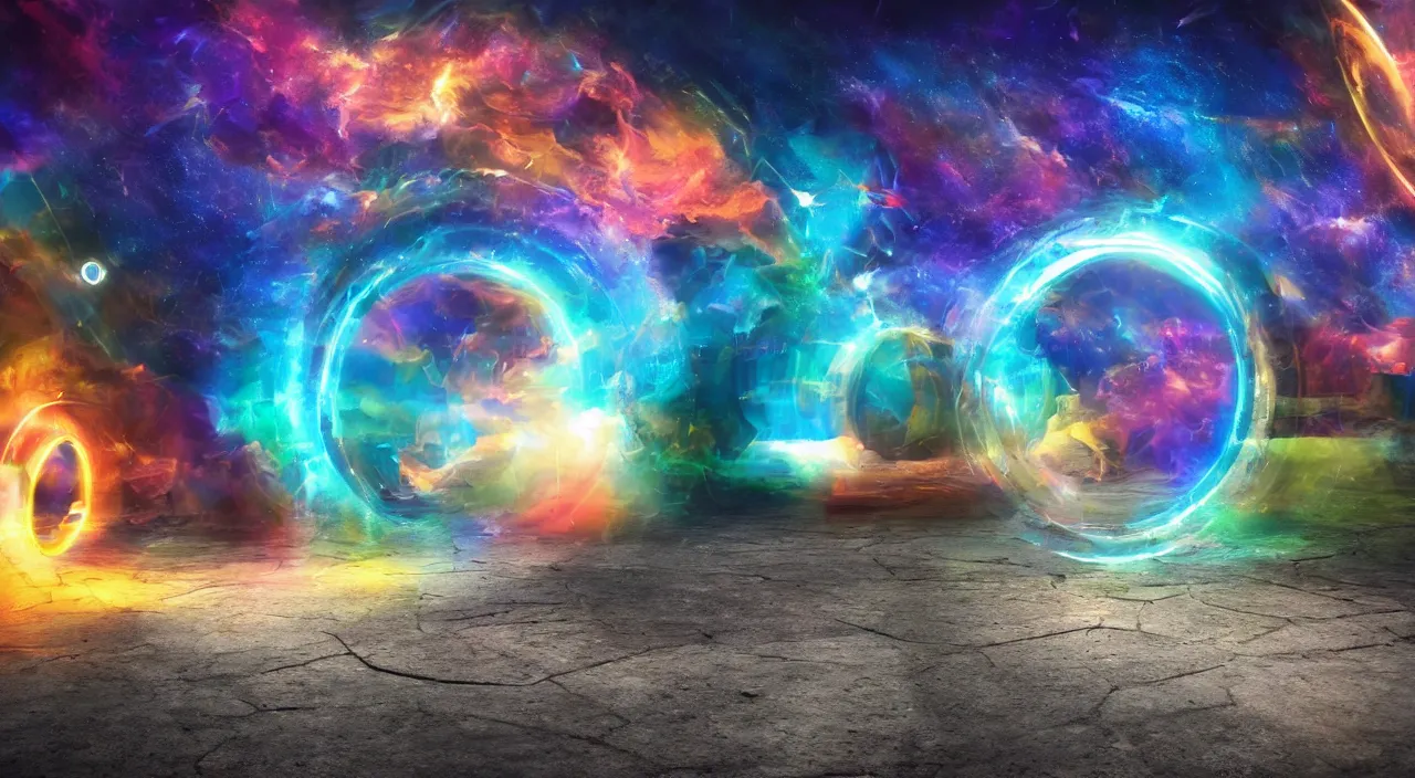 Prompt: Infinite colorful portals to alternate dimensions open before him and ripple through space time, photo realistic, dramatic lighting, windy, UHD 8K