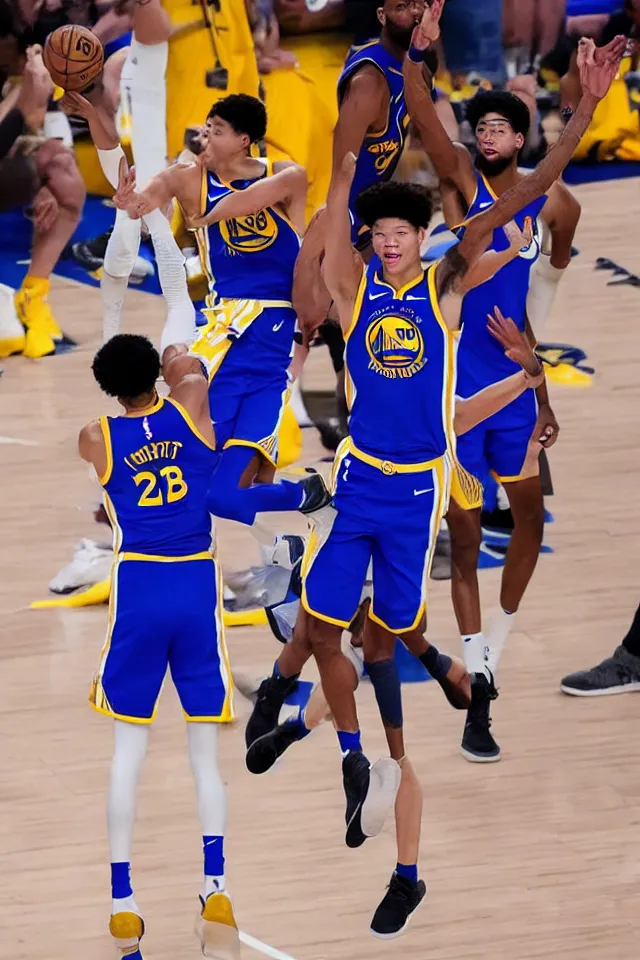 Image similar to kai sotto in the golden state warriors during the nba finals dunking on lebron james and anthony davis, 8 k, hyperrealistic, realistic, highly detailed, true to life