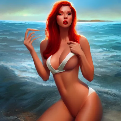 Image similar to ! dream jessica rabbit in a bikini, digital art, pretty face, very beautiful face, very detailed eyes, 8 k resolution, by wlop, greg rutkowski, full body