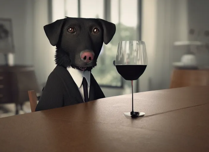 Image similar to a portait picture of a dog wearing a formal suit near a table with a cup of wine, concept art, octane render, unreal engine 5, 4K, symmetrical, low contrast, serene landscape, calm, relaxing, high quality, highly detailed, high coherence, path tracing, natural light, trending on DeviantArt