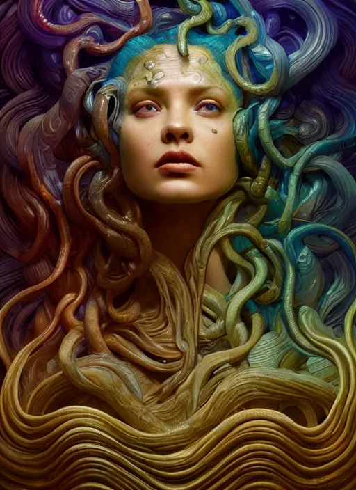 Image similar to medusa made of wax, wooden art nouveau swirls, strong subsurface scattering, cables, tubes, subsurface scattering, in the style of ruan jia and tomasz alen kopera and giger, subsurface scattering, mystical colors, rim light, dramatic lighting, 8 k, stunning scene, raytracing, octane render, trending on artstation