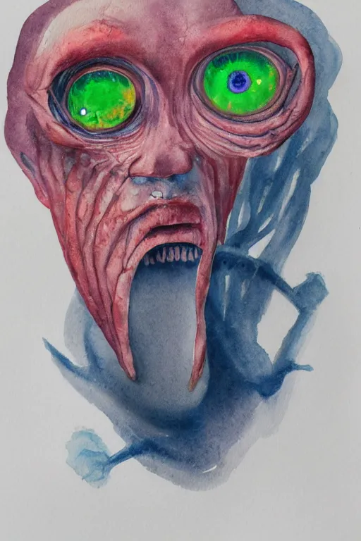 Prompt: a watercolor painting portrait of a mutant with six eyes, two noses and three mouths