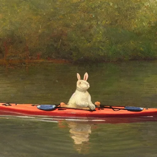 Prompt: a rabbit paddling a kayak on a small river, in the style of fanny brate