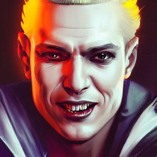 Prompt: cyberpunk, closeup portrait of a cyberpunk entertainer, blond hair, grey eyes, sadistic smile, delicate jaw, dramatic light, city background, sunset, dystopian setting, high contrast, sharp, neuromancer, peter riviera, painted by stanley lau, painted by greg rutkowski, painted by stanley artgerm, digital art, trending on artstation