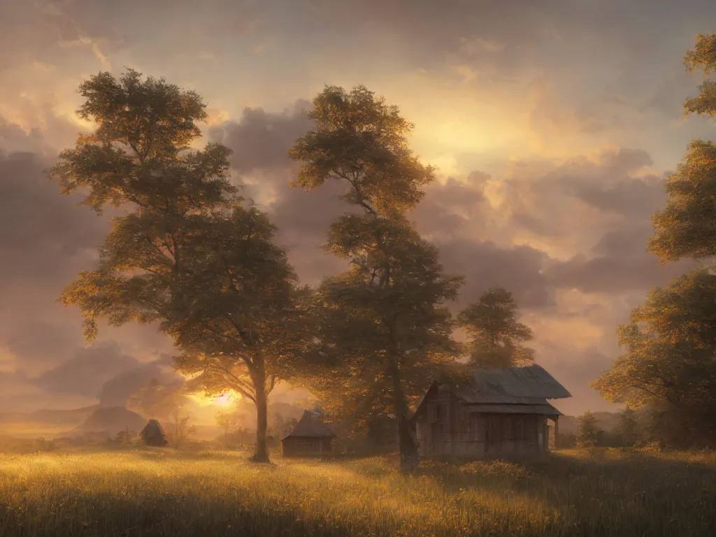 Prompt: a oil painting of a serene landscape with a singular wooden house at sunrise, concept art, octane render, unreal engine 5, trending on deviantart, highly detailed, high quality, oil painting, digital painting, masterpiece, hyperrealistic, breathtaking landscape, soft lighting, godrays, complementary colors, natural lighting