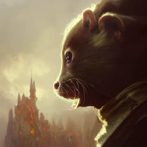 Image similar to closeup portrait of an artificer, furry ferret, male, dark hair, wizard, serious face, dungeons and dragons character, dramatic lighting, castle background, gorgeous view, realistic, high detail, digital art, painted by greg rutkowski, painted by jeremy mann, painted by alphonse mucha, trending on artstation