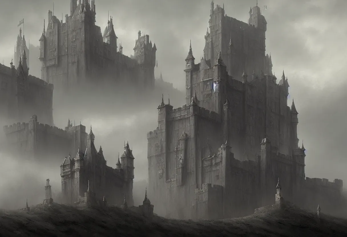 Image similar to castle with 3 0 years war, ultra high definition, ultra detailed, symmetry, fog, matte painting, by greg rutkowski and ross tran and wlop