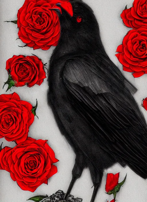 Image similar to portrait, A crow with red eyes in front of the full big moon, book cover, red roses, red white black colors, establishing shot, extremly high detail, foto realistic, cinematic lighting, pen and ink, intricate line drawings, by Yoshitaka Amano, Ruan Jia, Kentaro Miura, Artgerm, post processed, concept art, artstation, matte painting, style by eddie mendoza, raphael lacoste, alex ross