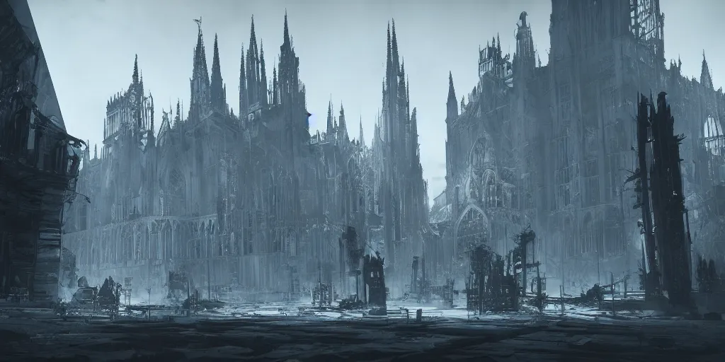 Image similar to grimdark tsutomu nihei aposimz gothic cathedral city, unreal engine, 8 k, ultra realistic, ultra detail