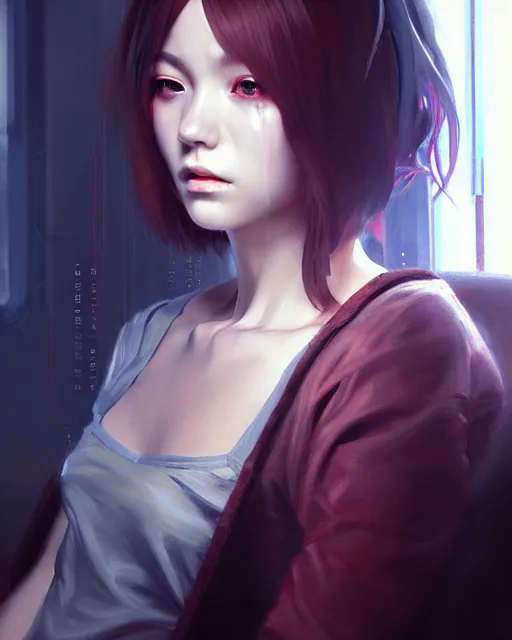 Prompt: a painting woman sitting on a couch, cyberpunk art by wlop, cgsociety, fantasy art, anime aesthetic, anime, dystopian art, true anatomy, extremely beautiful face, extremely detailed face