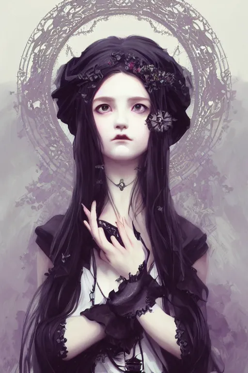 Prompt: portrait of radical lolita girl, dreamy and ethereal, dark eyes, peaceful expression, ornate goth dress, dark fantasy, chaotic, elegant, black crows flying, highly detailed, digital painting, artstation, concept art, smooth, sharp focus, illustration, art by artgerm and greg rutkowski and alphonse mucha