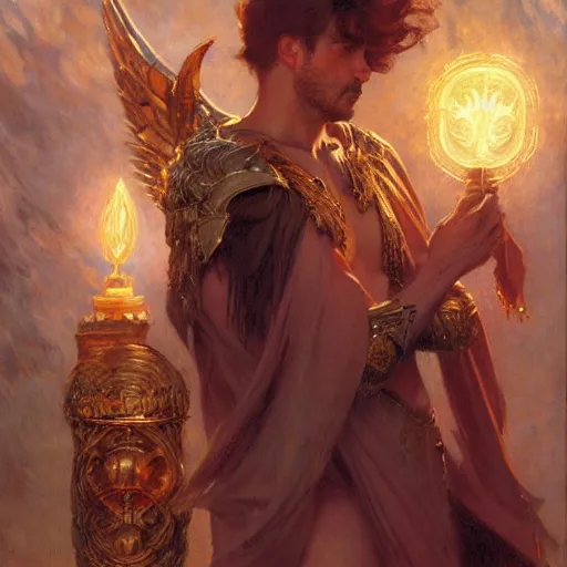 Image similar to attractive male deity casts light spell, summons attractive male lucifer morningstar. highly detailed painting by gaston bussiere, craig mullins, j. c. leyendecker 8 k