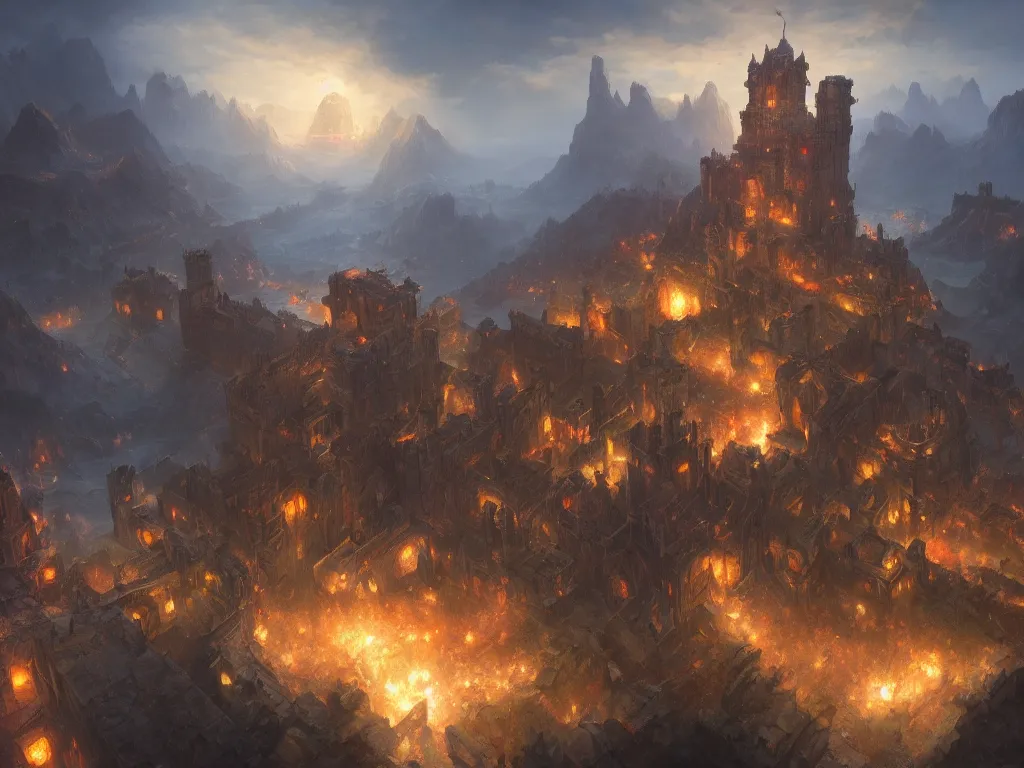 Prompt: dwarwen iron castle; by noah bradley; hyperrealistic, 4K wallpaper, cinematic lighting, highly detailed and beautiful