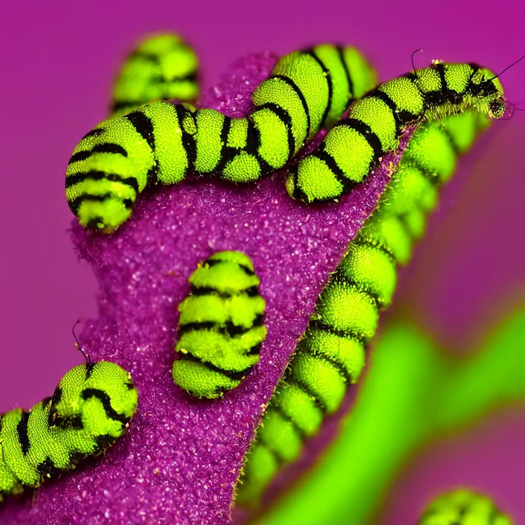 Image similar to a macro photography of a caterpillar, photorealistic, green yellow purple pink,