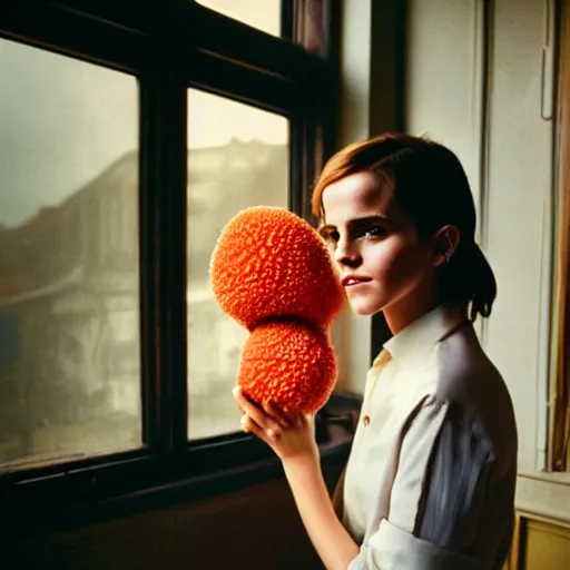 Prompt: Photograph of Emma Watson holding a plumbus by the window. Golden hour, dramatic lighting. Medium shot. CineStill