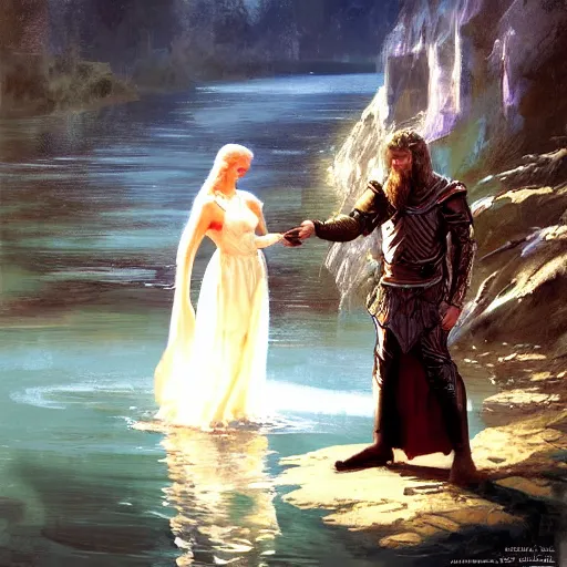 Image similar to the lady of the lake gives excalibur to king arthur by craig mullins and james gurney