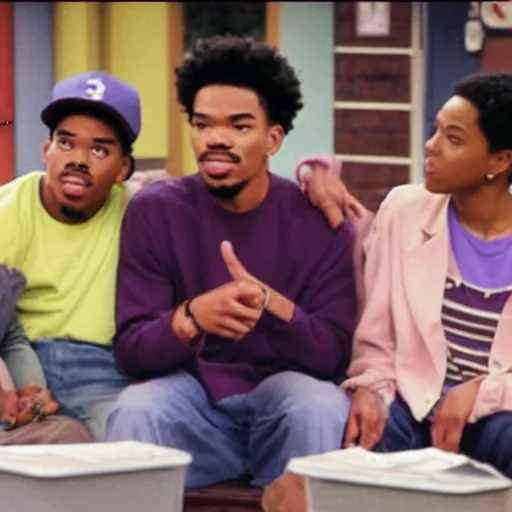 Image similar to a tv still of Chance The Rapper starring as a black college student at Jones College Prep in a 1993 sitcom