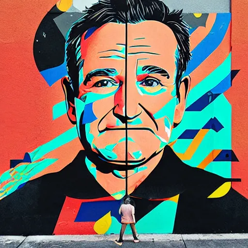 Prompt: robin williams street art mural by sachin teng x supreme : 1 high contrast, hard edges, matte painting, geometric shapes, marijuana, masterpiece : 1