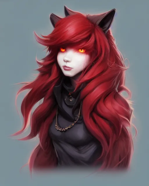 Image similar to character concept art of a black anthropomorphic furry male wolf long red hair | | cute - fine - face, pretty face, key visual, realistic shaded perfect face, fine details by stanley artgerm lau, wlop, rossdraws, james jean, andrei riabovitchev, marc simonetti, and sakimichan, trending on artstation