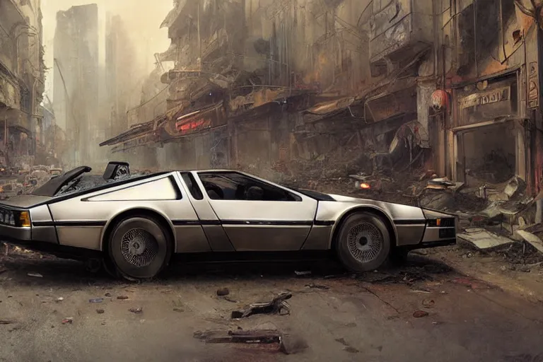 Image similar to photograph of the delorean driving down the streets of a cyberpunk abandoned city, by greg rutkowski, by stanley artgerm, by alphonse mucha