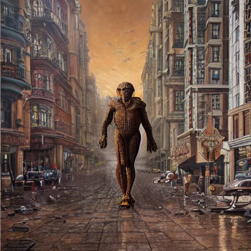 Image similar to humanoid reptilian man walks through the center of a city, extremely detailed oil painting, 1 9 2 0's colored pencil, highly detailed, highly accurate, deep aesthetic, 8 k, highly ornate intricate details, cinematic lighting, rich colors, beautiful scenic view, ray tracing, hyperrealistic, photorealistic, cinematic landscape, trending on artstation, concept art,