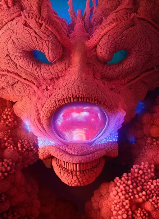 Image similar to Face of a Alien Deity, corals, plume made of fractals, extremly detailed digital painting, in the style of Beeple, mystical colors, rim light, beautiful lighting, 8k, stunning scene, raytracing, octane, trending on artstation