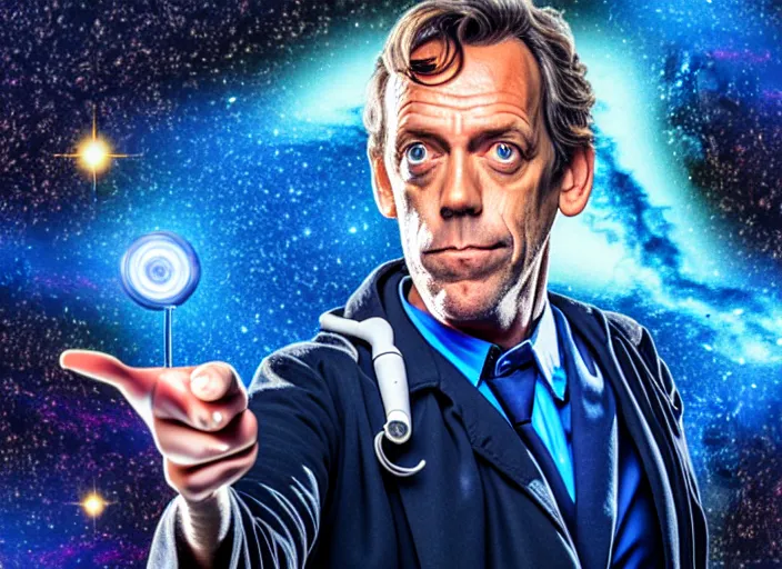 Image similar to product photo still of vhs cover of hugh laurie as doctor who in front of a nebula through the open door of the tardis printed on a vhs box on a table