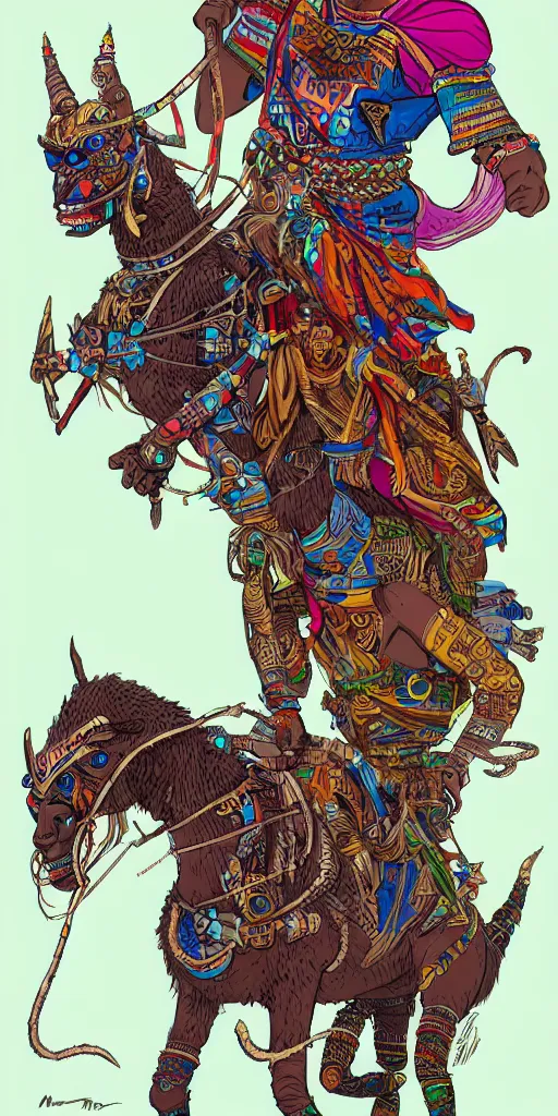 Prompt: full body portrait of african adventurer riding a fantasy quadruped with tribal decorations and tattoos by moebius, clean line, colorful comics style, artstation