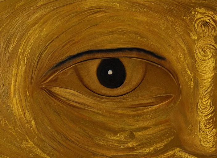 Image similar to a painting of giant buddahs eyes floating in the desert in gold color palette