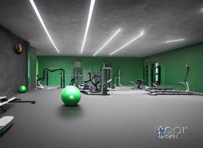 Prompt: photograph of a gym build on a bunker, cinematographic, sharp focus, elegant, green light, unreal engine 5, octane, 4 k