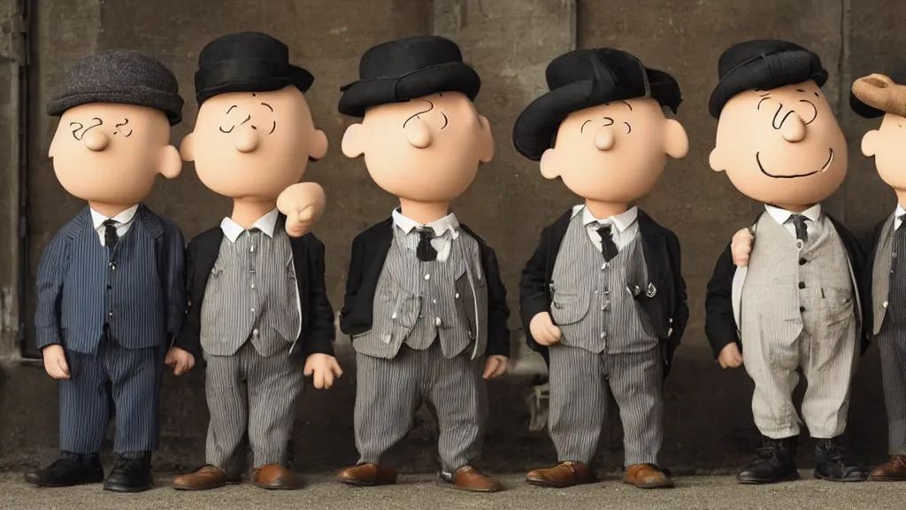 Prompt: peanuts heads dressed like the peaky blinders