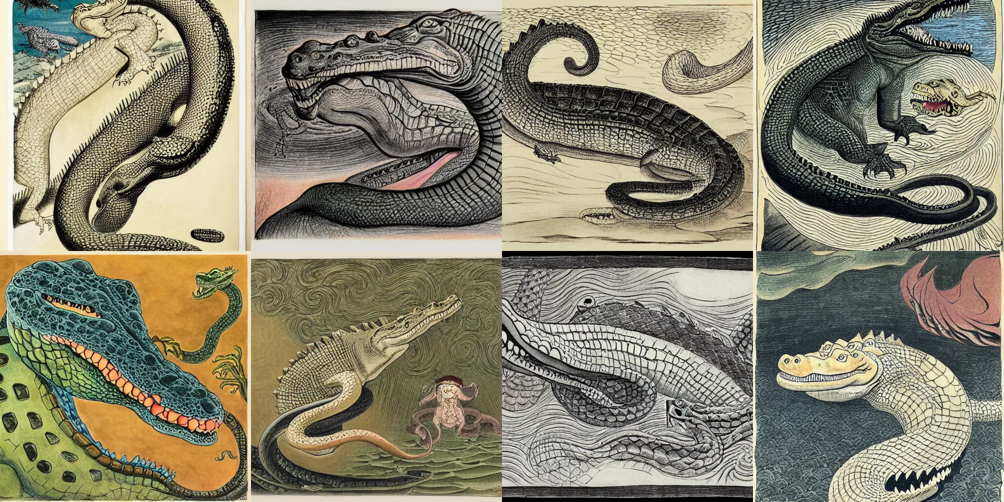 Prompt: drawing of a crocodile with snake, by william blake, by hokusai, by todd schorr, by mark ryden, by john tenniel