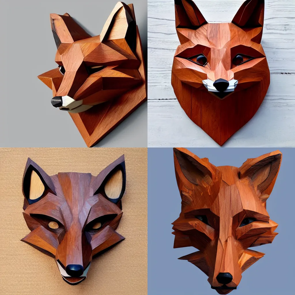 Prompt: a fox head sculpture composed only by wooden arabic font, realistic, 3D