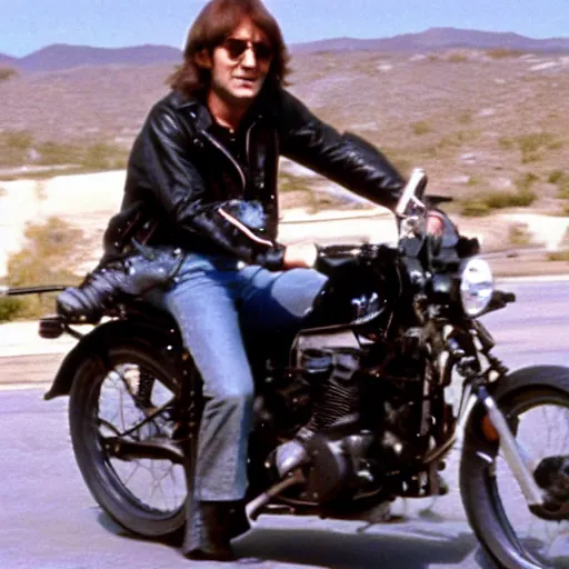 Image similar to john lennon riding a motorcycle in the movie born to be wild, cinematic sureal 3d 8k