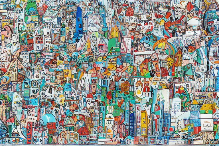 Image similar to an elaborate penned child illustration of a colorful intricate connected city of tubes and pipes, by jan van haasteren