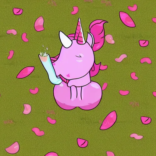 Prompt: a pretty pink unicorn character eating a little hamburger on the ground in a soccer field | digital art | cell shading | very high quality | very detailed | totally awesome | very cute | horselike | eating a little hamburger