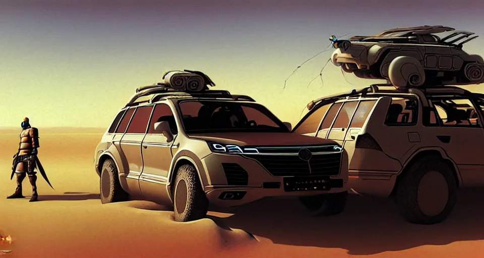 Image similar to cyberpunk touareg, by ruan jia, weldon casey, ralph mcquarrie. smooth gradients, transparent inflatable structures in akakus desert.