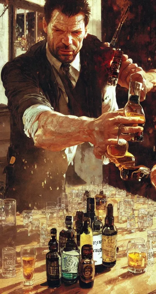 Image similar to close up of bloodied max payne pouring whisky, sun shining, photo realistic illustration by greg rutkowski, thomas kindkade, alphonse mucha, loish, norman rockwell.