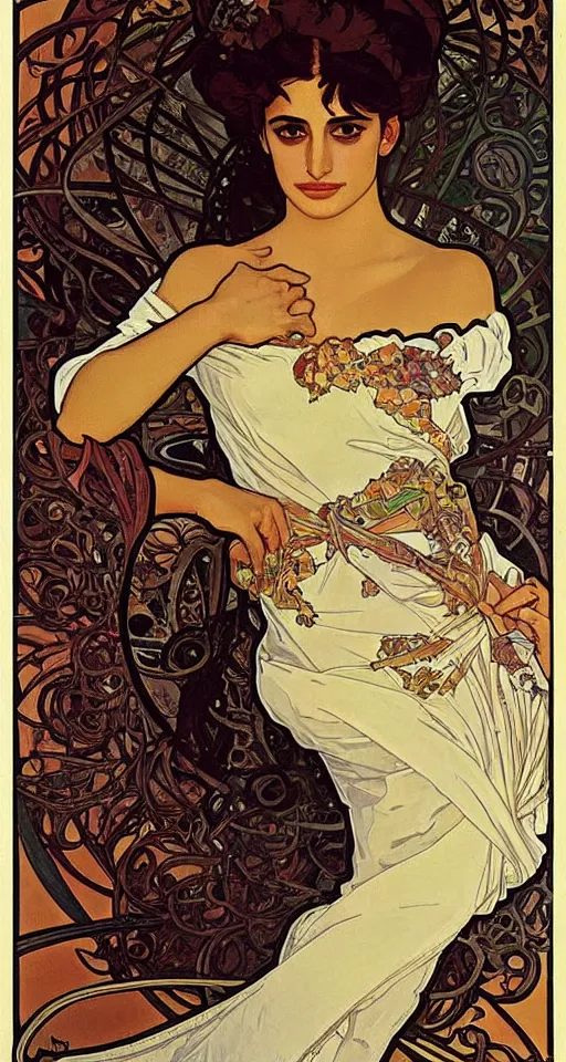 Image similar to portrait of penelope cruz, artwork by alphonse mucha