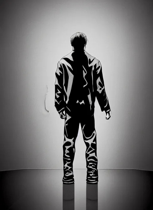 Image similar to aesthetic digital illustration of a solitary smirking young psychopath standing in an empty white room by brian bolland, rachel birkett, alex ross, and neal adams | sinister, dangerous, character concept, concept art, unreal engine, finalrender, centered, deviantart, artgerm