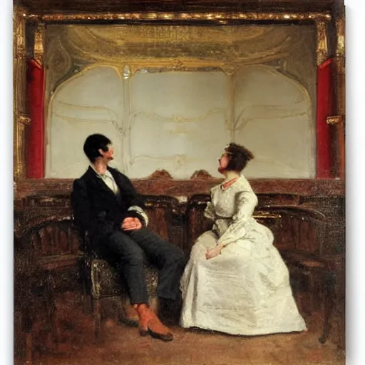 Image similar to a young man and woman chatting in an old theater, by alfred stevens