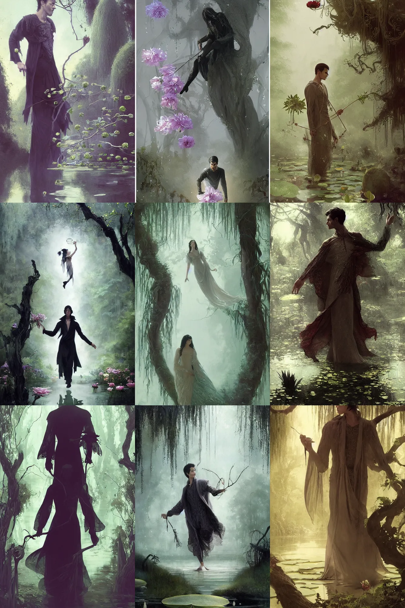 Prompt: thin male royal magician in fantasy out of the fairy lily pad pond with a weeping willow peonies, strong silhouette, Minimal Movie Posters, fantasy magic, long embroidered clothes , voluminous sleeves, 19th century fantasy, ethereal, graceful, art masterpiece by Greg Rutkowski, Gaston Bussiere, craig mullins, #wip #illustration #illustradraw #illustrator #vector #colors #colorschemes