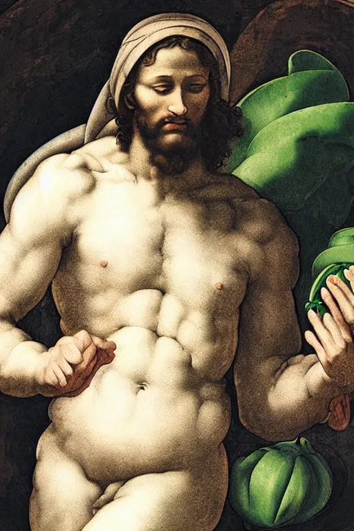 Prompt: michelangelo painting of jesus christ with blindfold!!!!!! holding cornucopia!!!!!!